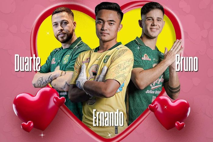 HARI KASIH SAYANG: Robson Duarte, Ernando Ari, dan Bruno Moreira akan menemani Bonita di hari kasih sayang 14 Februari 2024. (Persebaya) - Image