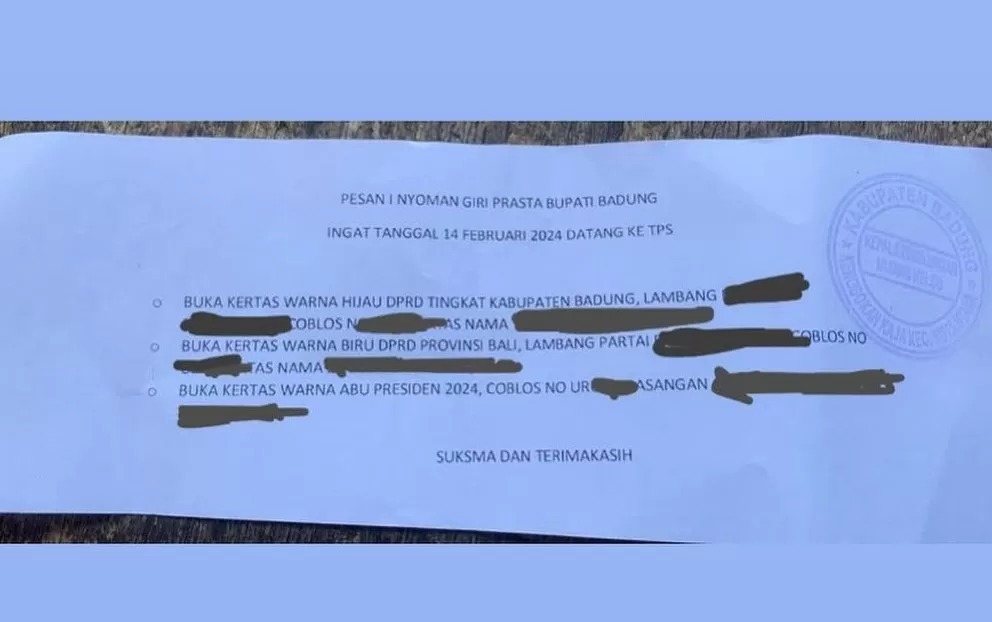 Potret dari surat ajakan memilih yang diduga salah satu nama Bupati Badung. (Dok Radar Bali) - Image