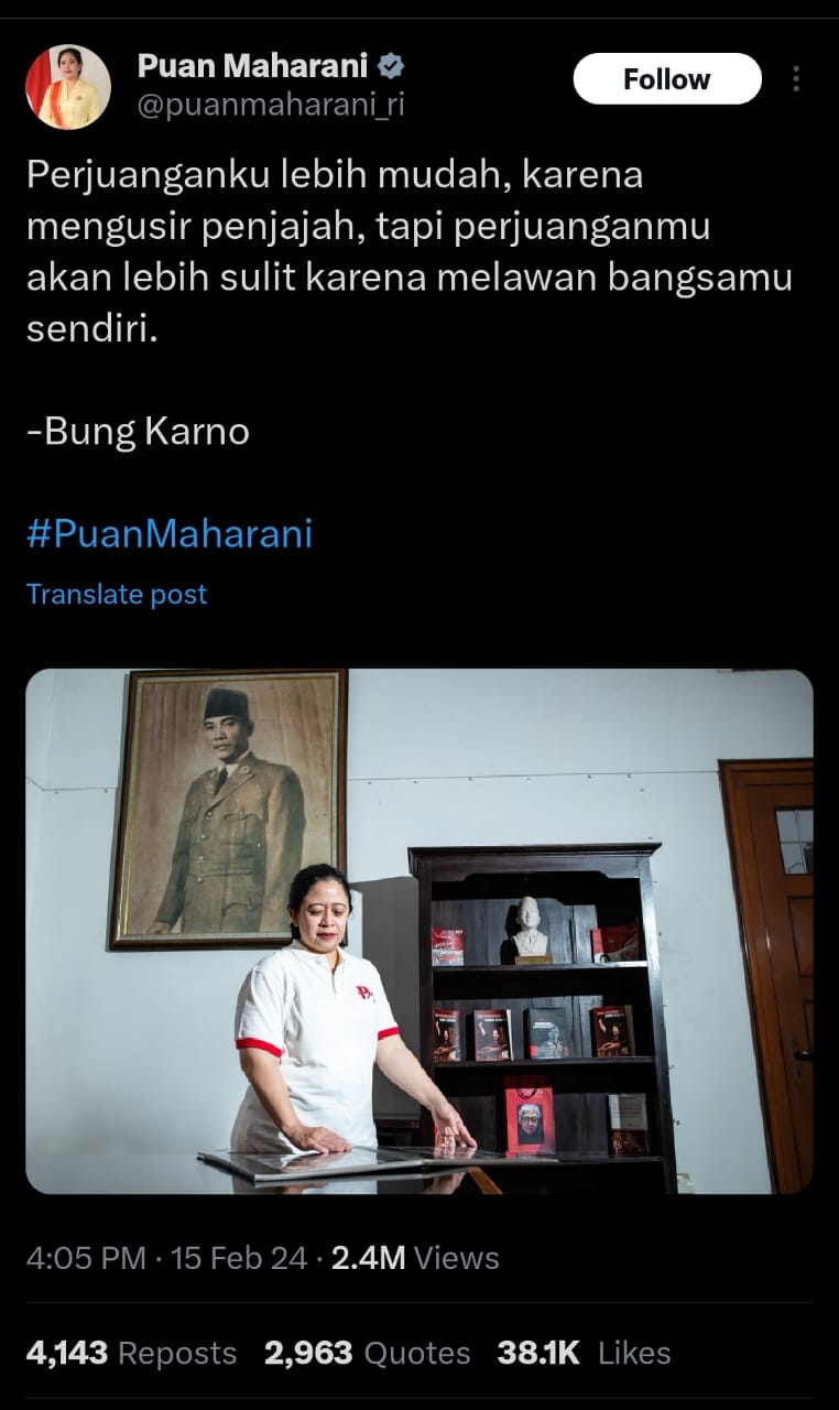 Puan Maharani mengunggah kutipan dari Bung Karno di akun X-nya - Image