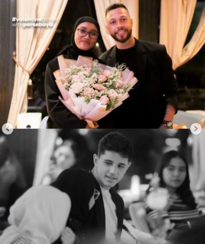 VALENTINE DINNER: Robson Duarte (atas) dan Bruno Moreira bersama Ernando Ari mendapatkan kesempatan menemani Bonita di momen Valentine Dinner. (Instagram/@officialpersebaya) - Image