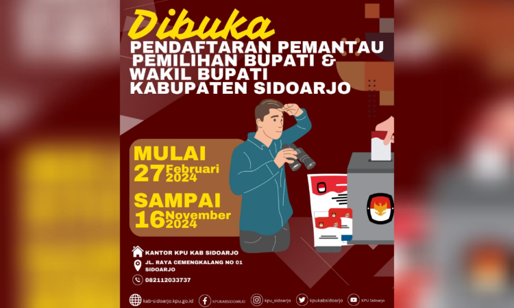Poster pengumuman pendaftaran pemantau pilkada di Sidoarjo. (@kpukabsidoarjo/X) - Image
