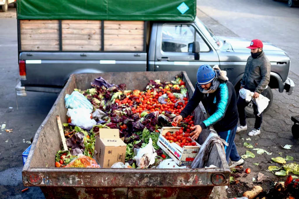 Seorang pria mengumpulkan makanan dari sebuah kontainer tempat buah dan sayuran yang dibuang./Sumber Foto: (Reuters) - Image