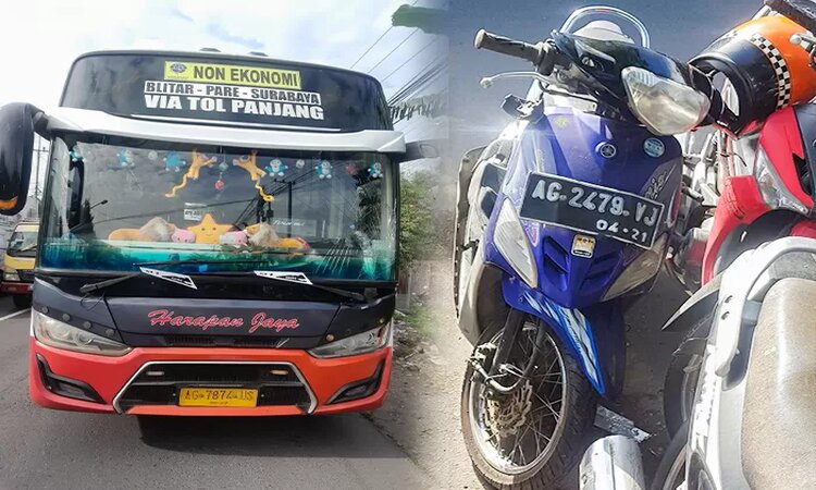 Kecelakaan sepeda motor ditabrak oleh bus Harapan Jaya (Foto: SATLANTAS POLRES KEDIRI for JPRK) - Image