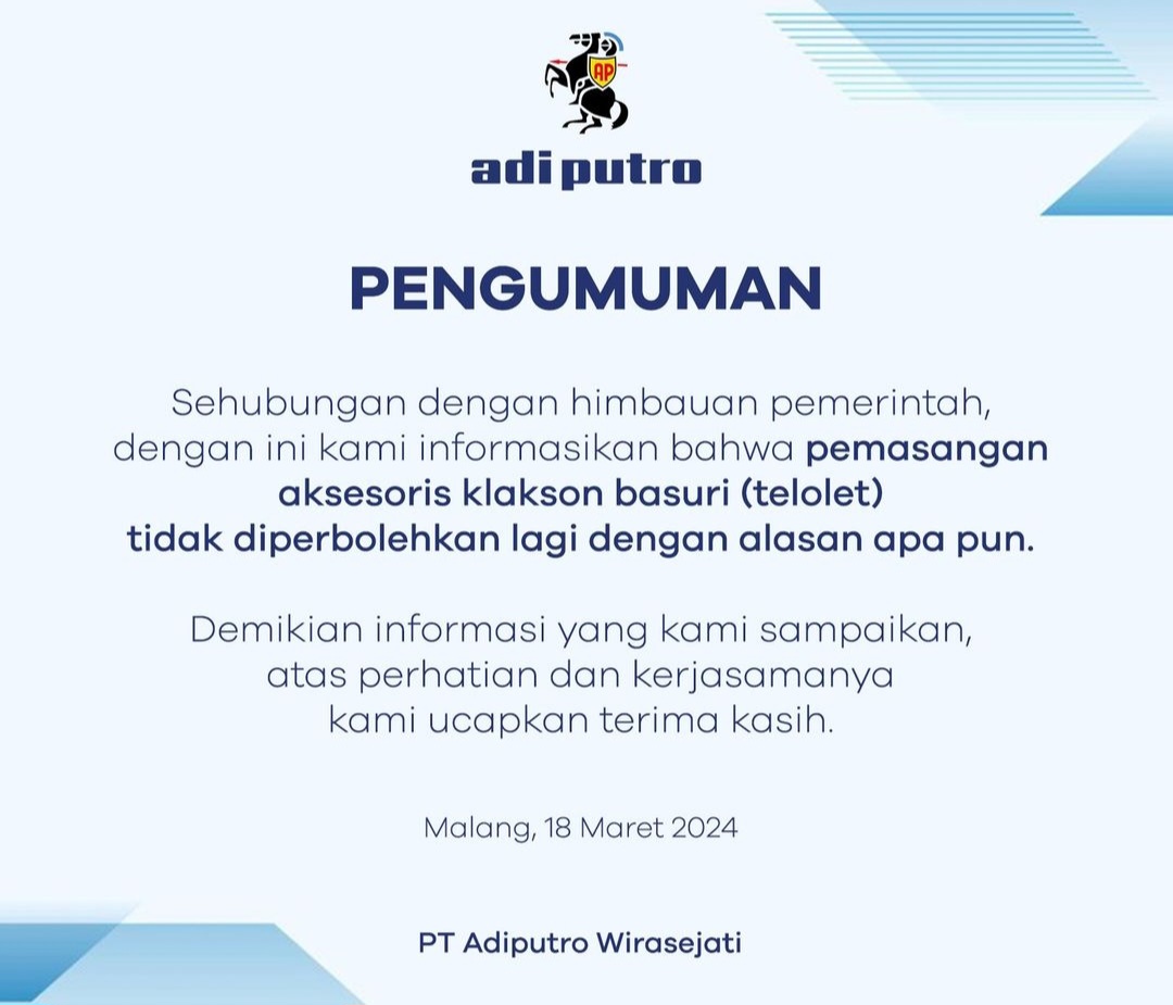 Adiputro resmi tidak melayani pemasangan klakson telolet di bus-bus produksi mereka