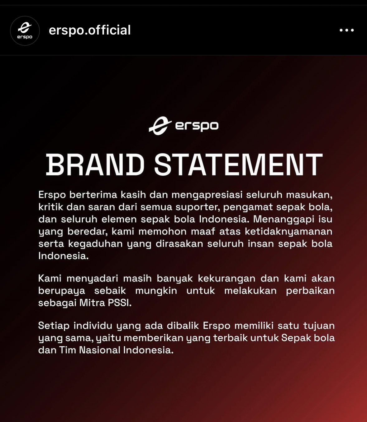 Brand statement Erspo menanggapi isu yang beredar terkait tagar #BoikotErspo (tangkapan layar dari unggahan di Instagram erspo.official) - Image