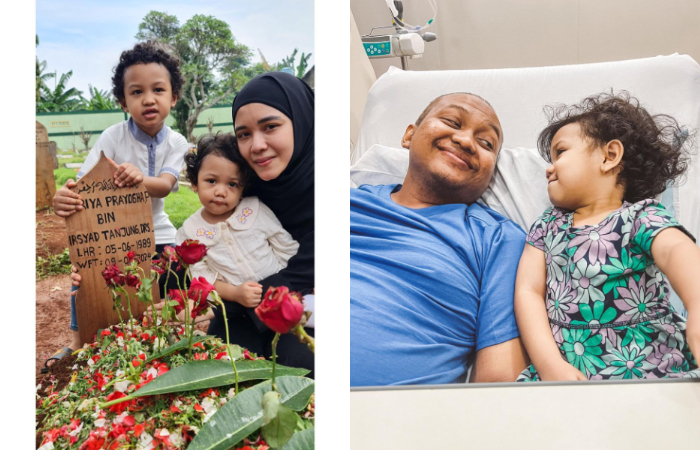 Zulfati Indraloka bersama anak-anak di makam Babe Cabita (kiri), Babe Cabita saat di rumah sakit bersama sang anak (kanan). (Instagram @fatiyw) - Image