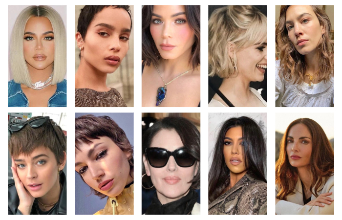 Ilustrasi gaya rambut. (Atas) potongan rambut bob, pixie, midi, bob carré, dan bob. (Bawah) garçon, mullet, a-line pixie, lurus panjang, dan rambut sepanjang dada. - Image
