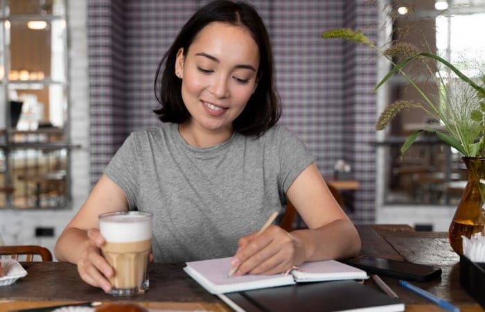 Ilustrasi perempuan yang sedang menulis jurnal rasa syukur (freepik) - Image
