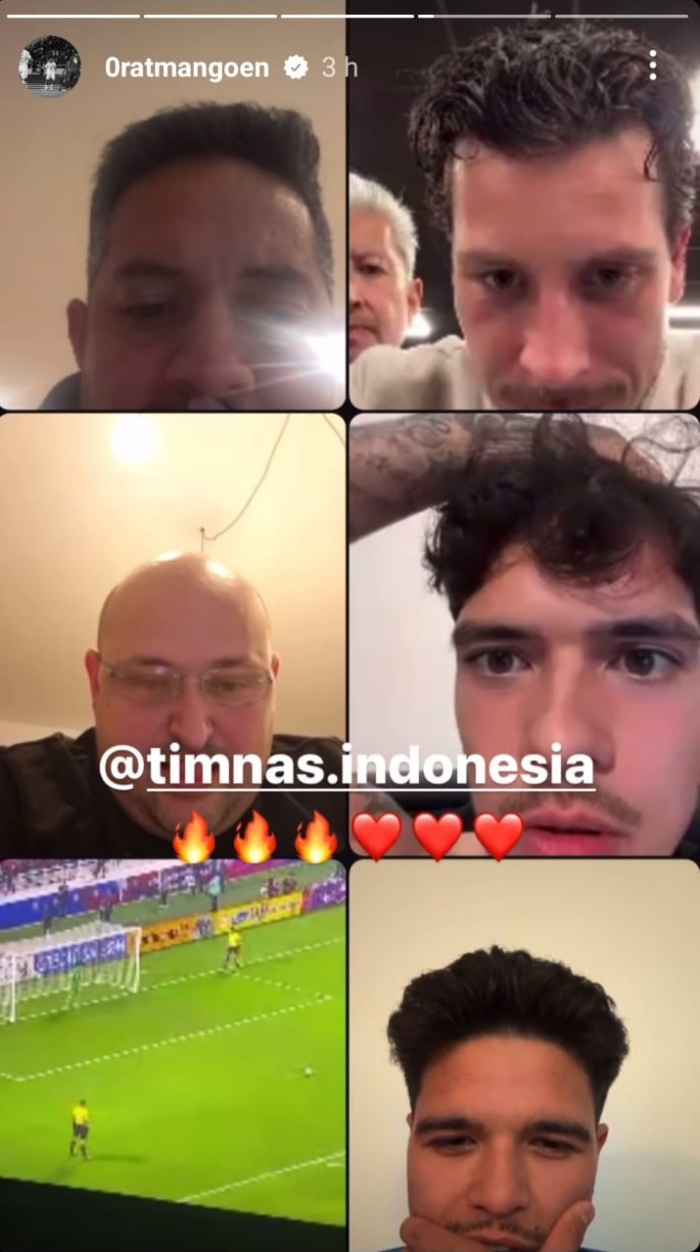 BERI DUKUNGAN: Pemain senior Timnas Indonesia berikan dukungan penuh untuk Garuda Muda melalui nobar online dengan video call. (Instagram Ragnar Oratmangoen) - Image