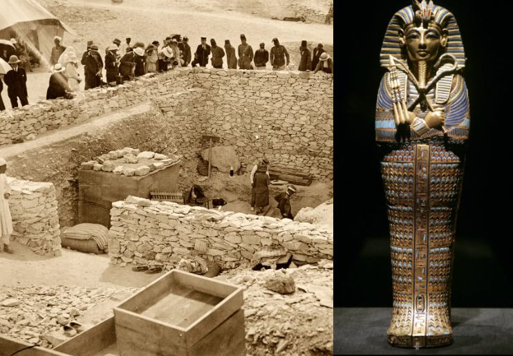 Peti mati & tampilan luar makam Tutankhamun selama penggalian di tahun 1922. (AP & Getty Images) - Image