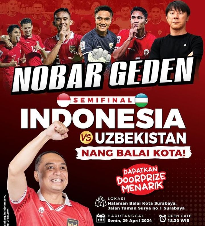 Pemkot Surabaya menggelar acara nobar semifinal Piala Asia U-23 antara Indonesia vs Uzbekistan Senin (29/4) malam./Instagram Eri Cahyadi - Image