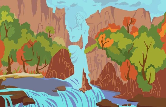 Gambar perempuan di air terjun dan wajah binatang di bebatuan (Jagranjosh.com) - Image