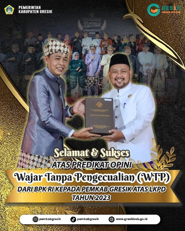 Pemerintah Kabupaten Gresik mendapatkan Opini Wajar Tanpa Pengecualian (WTP) dari Badan Pemeriksa Keuangan (BPK) RI. - Image
