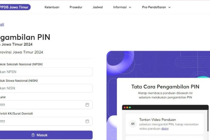 Tangkapan layar tata cara pengambilan PIN untuk PPDB jenjang SMA/SMK negeri di Jawa Timur. - Image