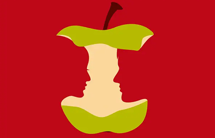 Gambar apel yang sudah digigit serta siluet pria dan perempuan dapat mengungkapkan apakah kamu sosok yang logis atau kreatif. (The Minds Journal) - Image