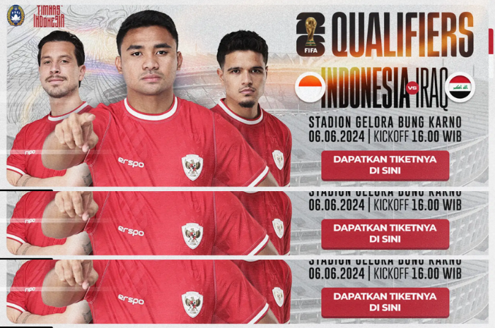 NAIK: Tiket Timnas Indonesia kontra Irak resmi naik 150 persen dari harga tiket sebelumnya kontra Vietnam di Kualifikasi Piala Dunia 2026. (Timnas Garuda) - Image