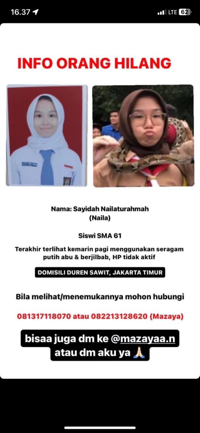 Siswi SMAN 61, Sayidah Nailaturahmah, 16, dilaporkan hilang setelah terakhir kali pamit dari rumah untuk berangkat ke sekolah pada Selasa (4/6) pagi. - Image
