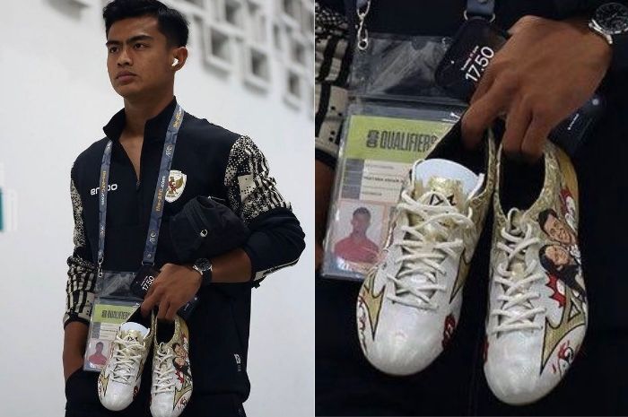 GEMES: Pratama Arhan tunjukkan cintanya yang mendalam kepada Azizah Salsha dengan sepatu yang lucu dan unik dengan base milik Mizuno. (PSSI) - Image