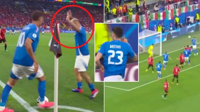CERDAS: Timnas Italia berhasil memaksimalkan peluang tendangan penjuru untuk mencetak gol ke gawang Albania di Euro 2024. (sportbible) - Image