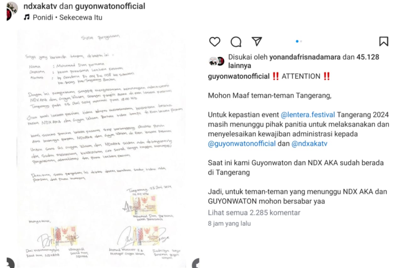 Unggahan Guyon Waton dan NDX AKA, menyampaikan permohonan maaf kepada penggemar lantaran batal tampil di event Lentera Festival, dikarenakan pihak panitia belum menyelesaikan kewajiban. - Image