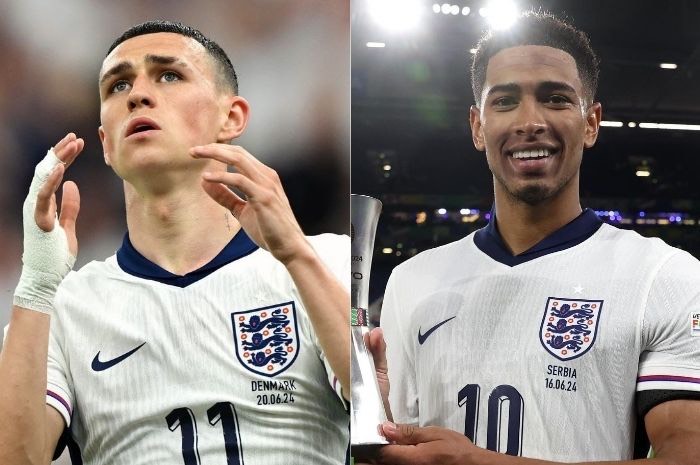 Phil Foden (kiri) kembali berlatih di Gym camp latihan Inggris untuk menyongsong babak 16 besar Euro 2024. Dia akan bersaing dengan Jude Bellingham. (Instagram/Phil Foden dan Jude Bellingham) - Image