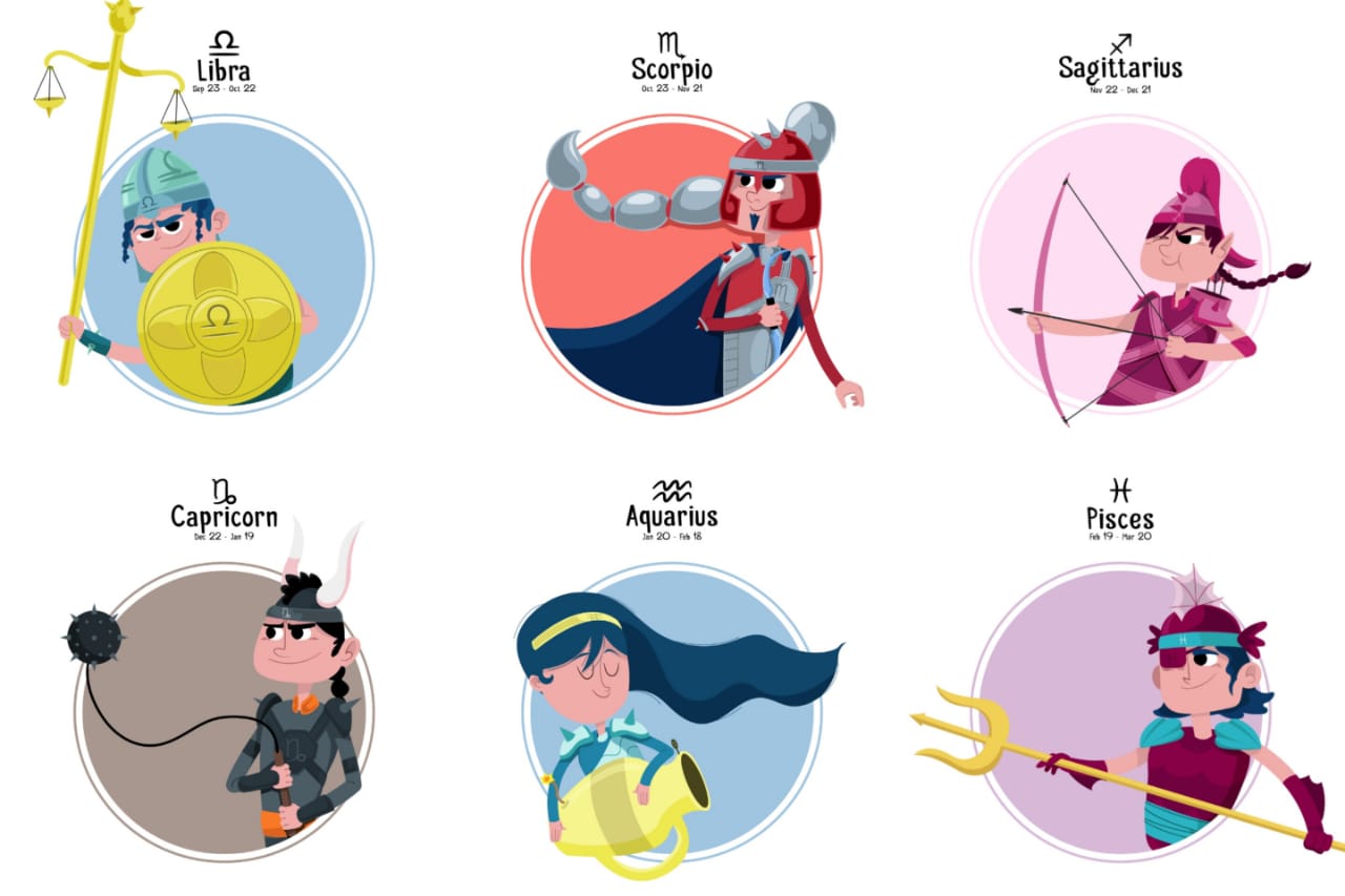 Ilustrasi zodiak Libra, Scorpio, Sagitarius, Capricorn, Aquarius, dan Pisces. (Freepik) - Image