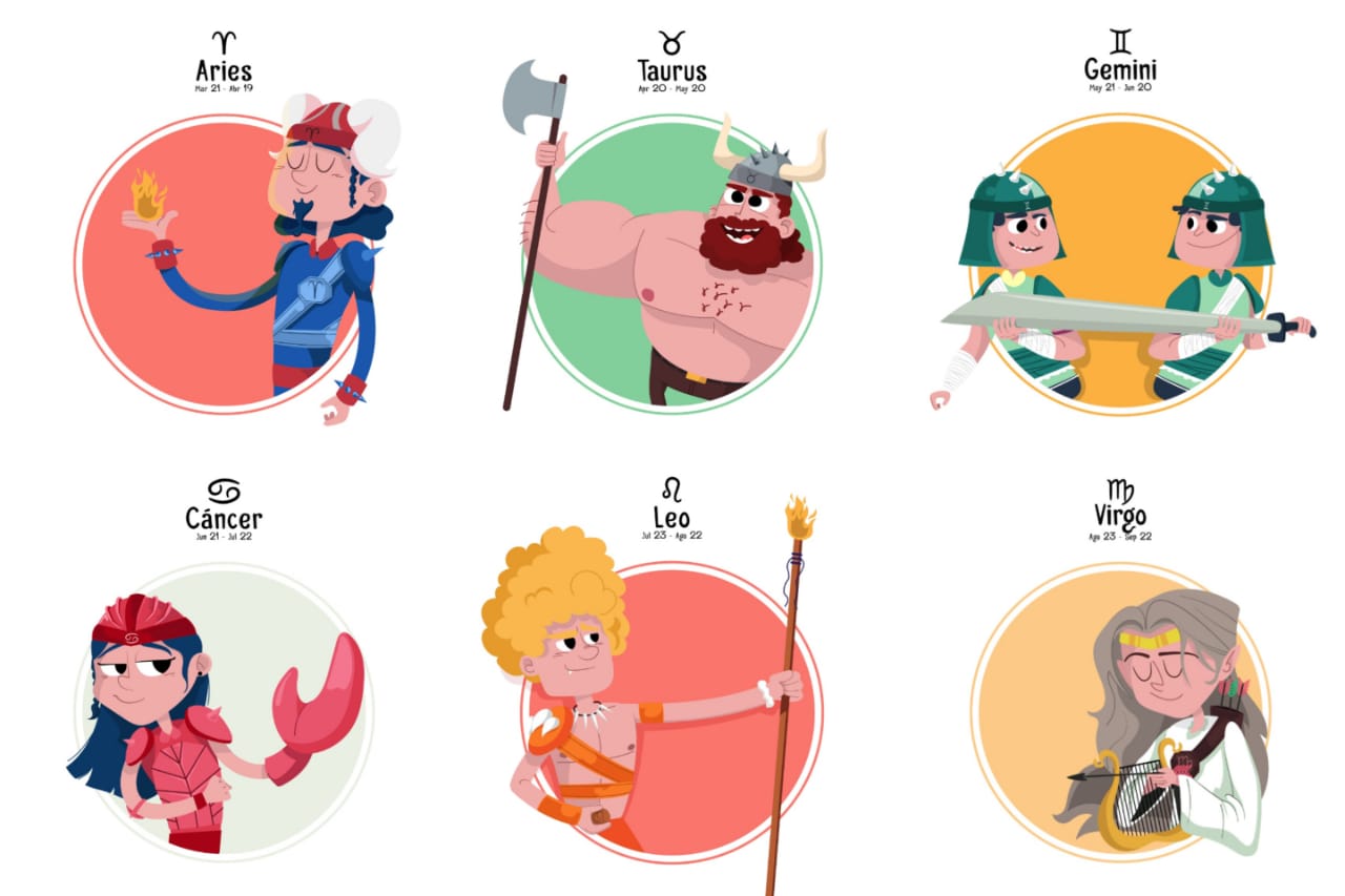ilustrasi zodiak Aries, Taurus, Gemini, Cancer, Leo, dan Virgo. - Image