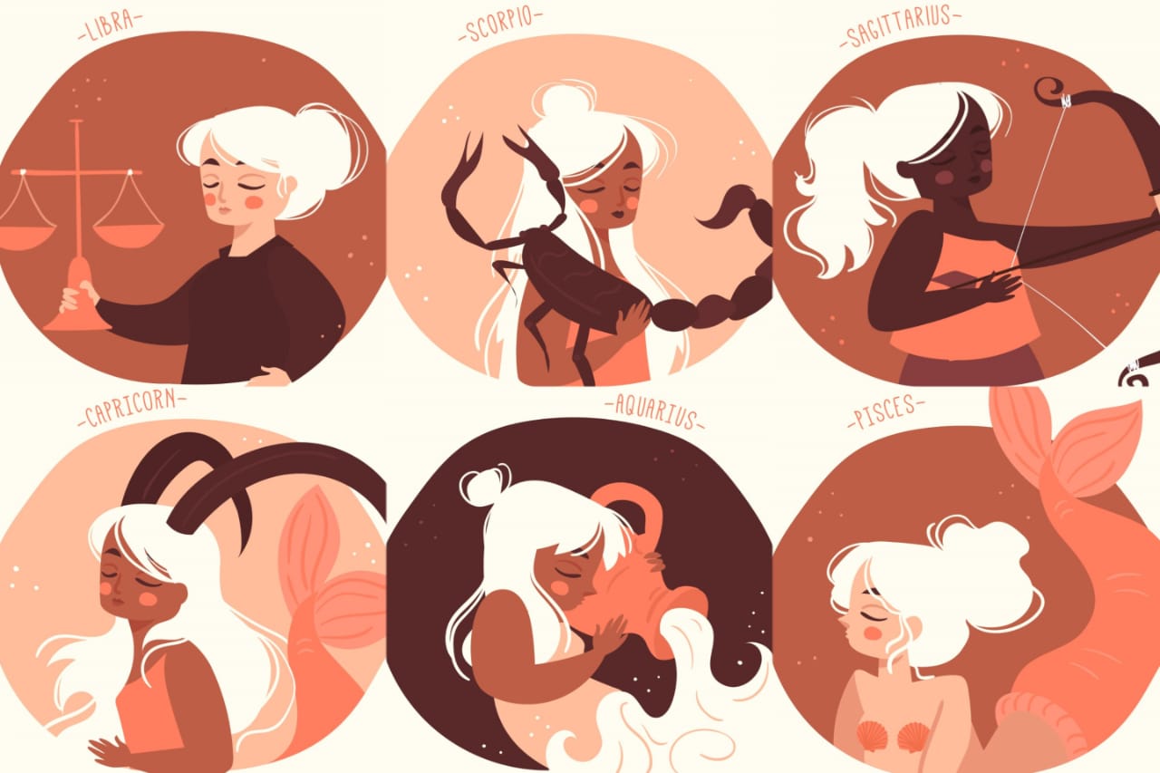 ilustrasi zodiak Libra, Scorpio, Sagitarius, Capricorn, Aquarius, dan Pisces. - Image