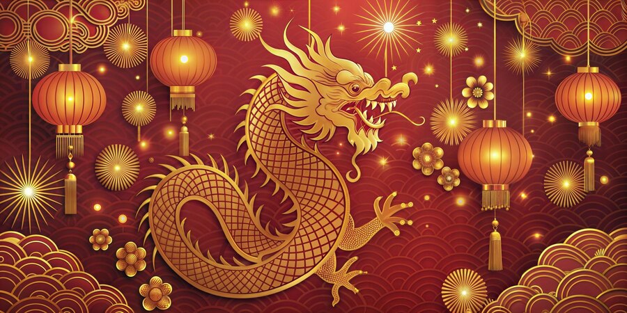 Ilustrasi shio Naga Emas dalam astrologi Tiongkok yang termasuk dalam shio langka dengan garis rezeki paling tinggi. - Image