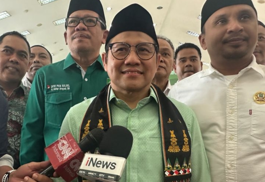 Ketua Umum Partai Kebangkitan Bangsa Muhaimin Iskandar saat memberikan keterangan pers di Kantor DPP PKB, Jakarta, Kamis (15/8/2024). (ANTARA/Rio Feisal) - Image