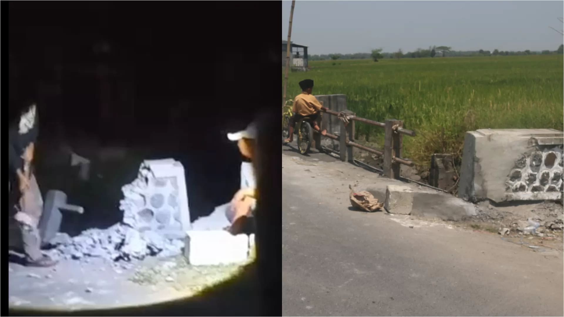 Potongan gambar jembatan yang dibongkar warga di Jombang demi karnaval sound horeg (kanan) dan kondisi terkininya (kiri). (Achmad RW/Radar Jombang) - Image
