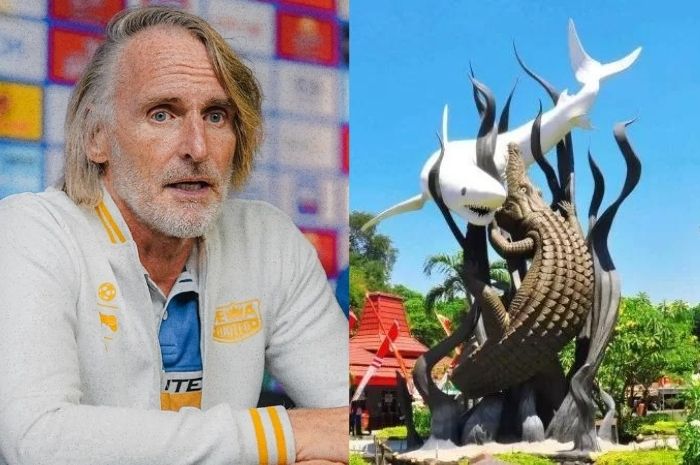 Jan Olde Riekerink nampak ketar-ketir dengan permainan Persebaya Surabaya yang mirip ikon Kota Surabaya dengan simbol hiu dan buaya. (Instagram @dewaunitedfc/Radar Surabaya) - Image