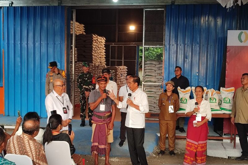 Presiden Jokowi saat menyalurkan bantuan beras kepada masyarakat, sekaligus meninjau ketersediaan beras di Gudang Bulog Kabupaten Sumba Barat, NTT, Rabu (2/10). (ANTARA) - Image