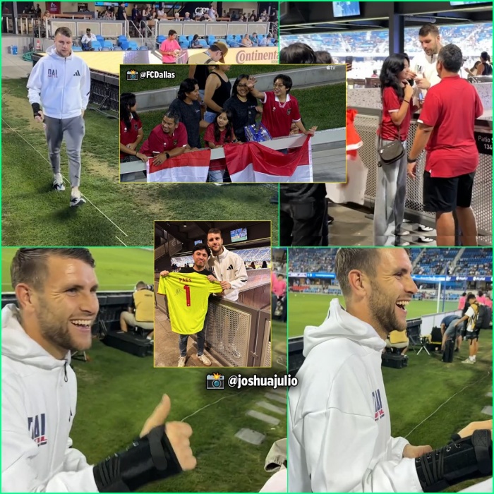 Maarten Paes hadir di stadion saat timnya, FC Dallas dikalahkan San Jose Earthquakes. Paes tampak menggunakan alat bantu di pergelangan tangannya. (X/@joshuajulio) - Image