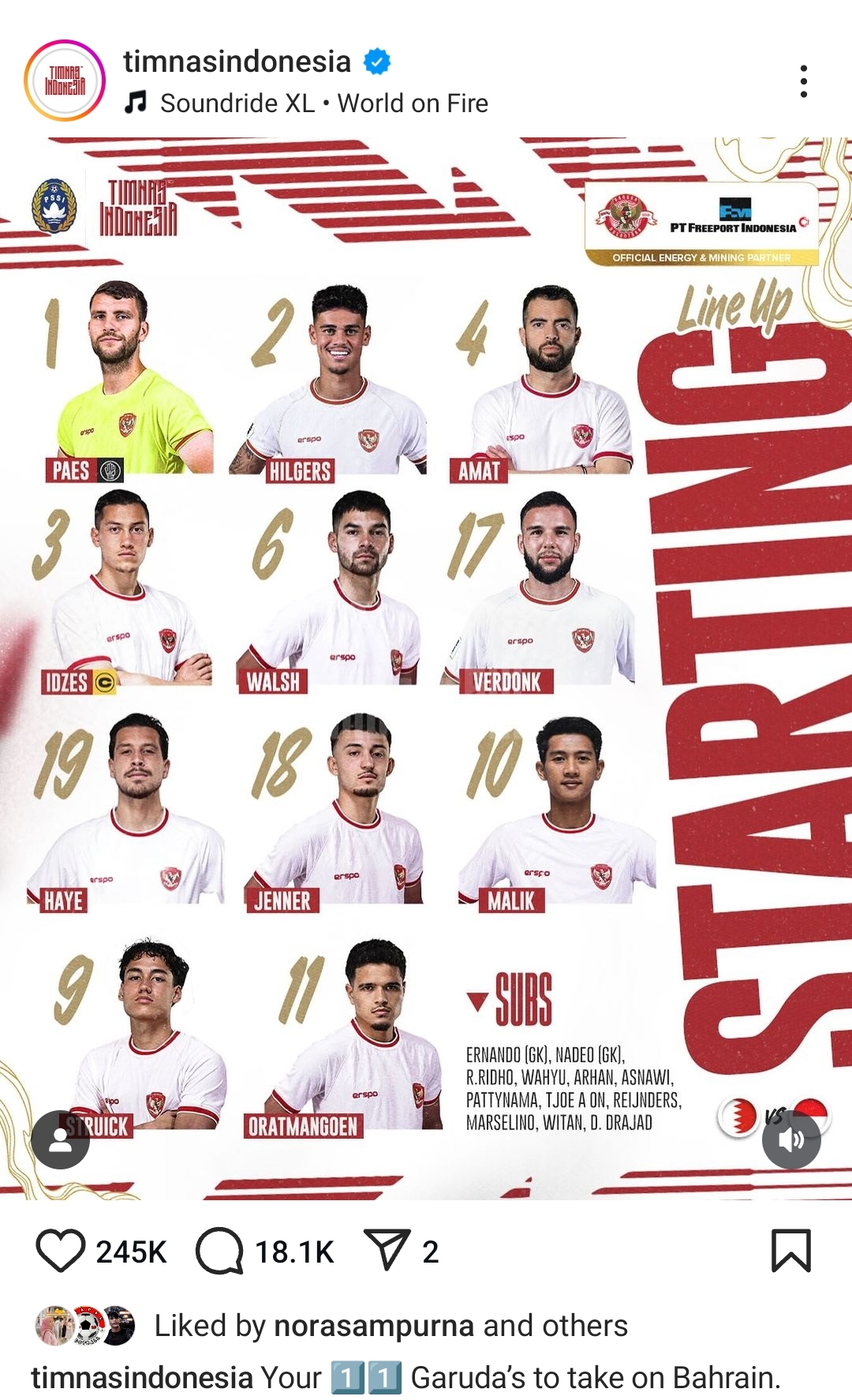 Starting lineup Indonesia melawan Bahrain. Malik Risaldi masuk mengisi posisi sayap kanan. (Instagram Timnas Indonesia) - Image