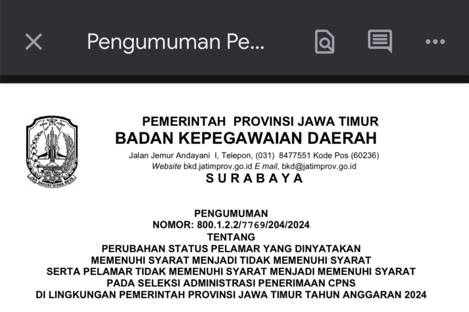 Perubahan status pelamar CPNS 2024 (Tangkapan Layar Portal Resmi BKN Jawa Timur) - Image