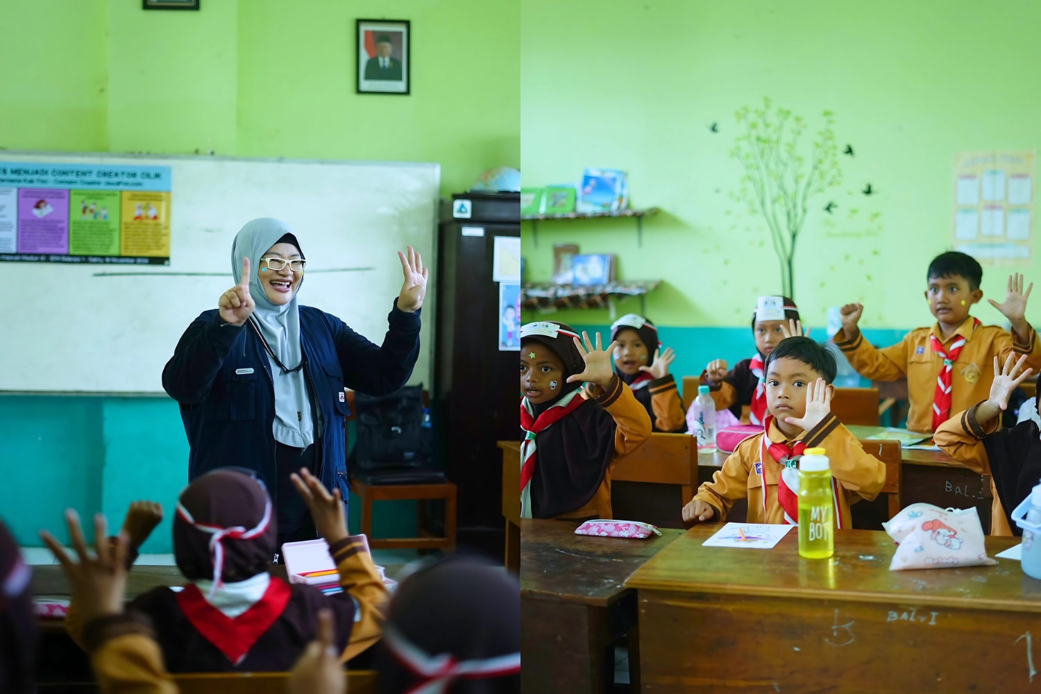 Kak Fitri mengajarkan senam otak pada siswa SDN Balerejo 1 Madiun (Amsori/Kelas Inspirasi Madiun 10) - Image