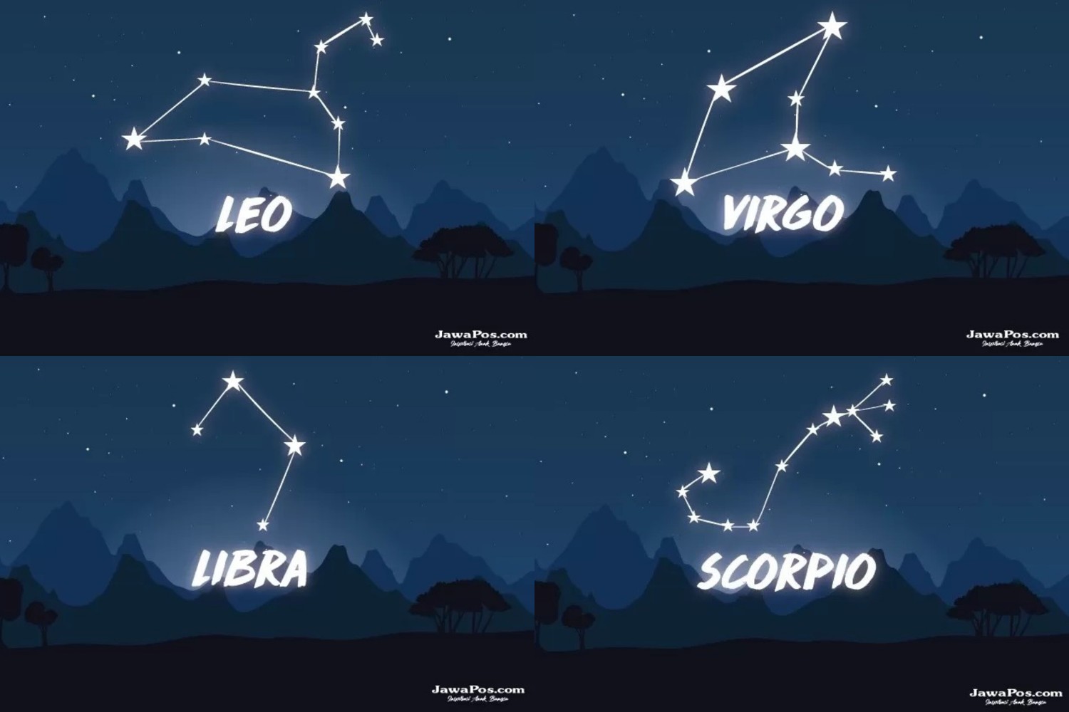 Ilustrasi zodiak Leo, Virgo, Libra, dan Scorpio. (Dok/JawaPos.com) - Image