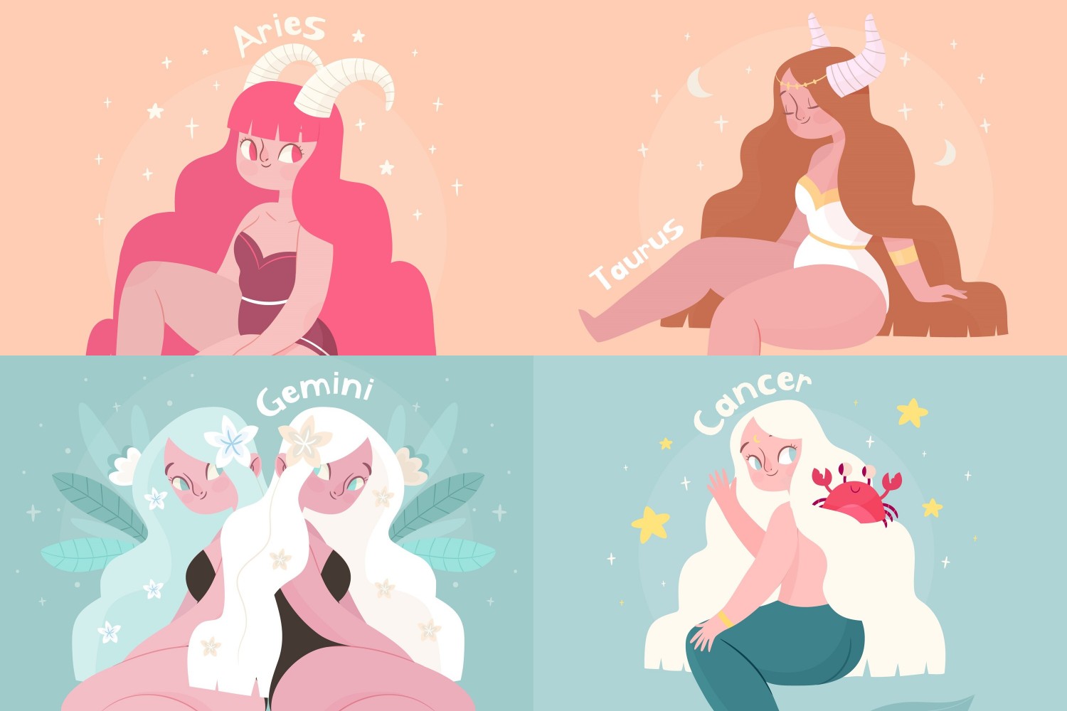 ilustrasi zodiak Aries, Taurus, Gemini, dan Cancer. Sumber foto: Freepik - Image