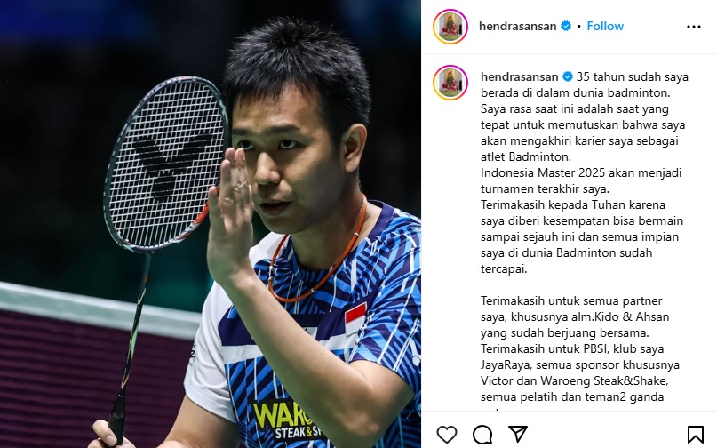 Hendra Setiawan akhirnya membuat keputusan terkait masa depannya dengan menyatakan segera pensiun. (Instagram hendrasansan) - Image