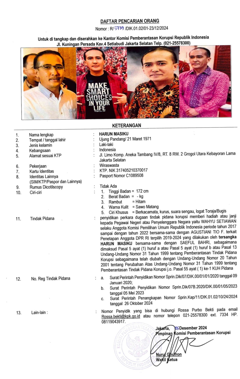 Komisi Pemberantasan Korupsi (KPK) menerbitkan surat Daftar Pencarian Orang (DPO) yang baru terhadap buron Harun Masiku. (Istimewa) - Image