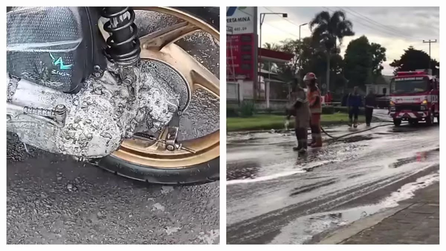 Tangkapan layar video dampak kebocoran truk tangki bermuatan bahan kimia yang bocor di sepanjang jalan dari Cigentur hingga Cikamuning, Padalarang, Kabupaten Bandung Barat. (Istimewa) - Image