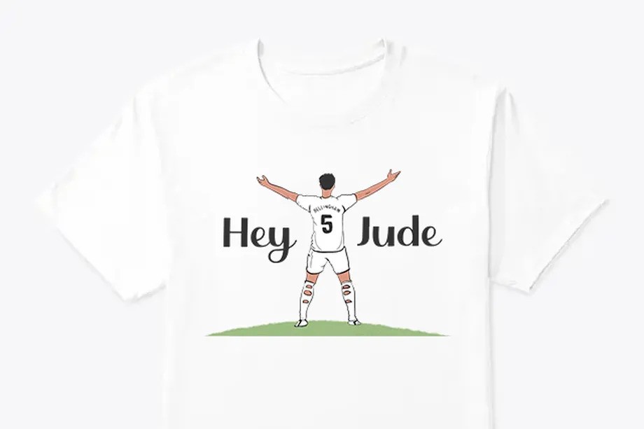 Kaos Hey Jude yang terinspirasi Selebrasi Jude Bellingham. (Managing Madrid) - Image