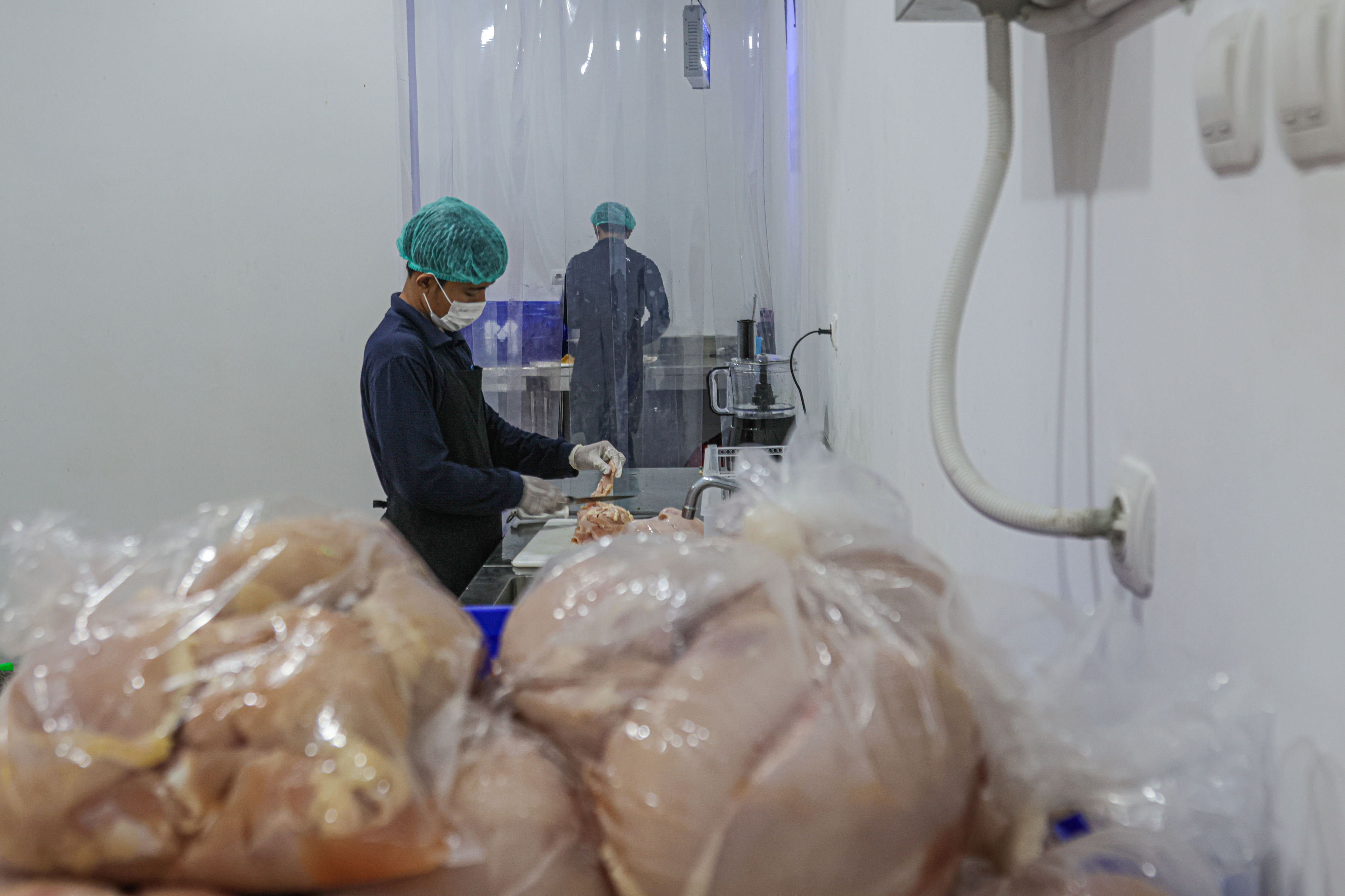 Sejumlah pekerja memotong sayuran dan ayam untuk membuat menu Makan Bergizi Gratis (MBG) di Satuan Pelayanan Pemenuhan Gizi (SPPG) Pal Merah, Jakarta Barat, Minggu (05/01/2025). Badan Gizi Nasional (BGN) menyatakan 190 dapur SPPG tersebar di berbagai daer - Image