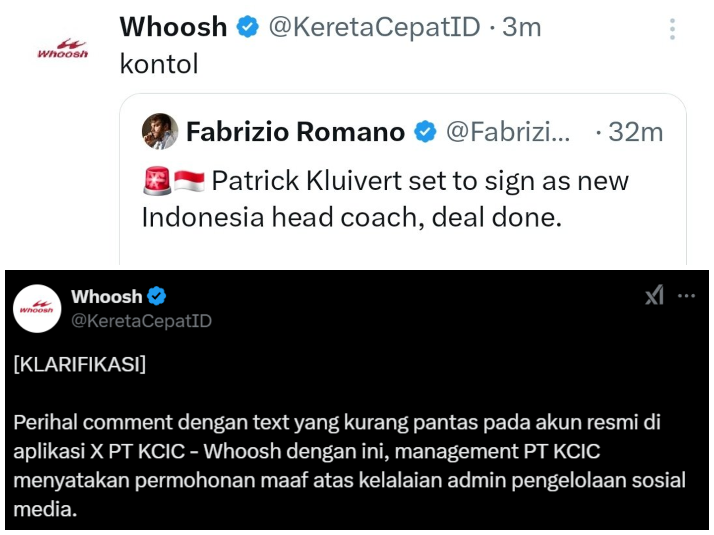 Akun X @KeretaCepatID beri klarifikasi atas cuitan viral terkait pemecatan Shin Tae-yong. (Foto: Tangkapan layar dan kolase foto dari akun @KeretaCepatID) - Image