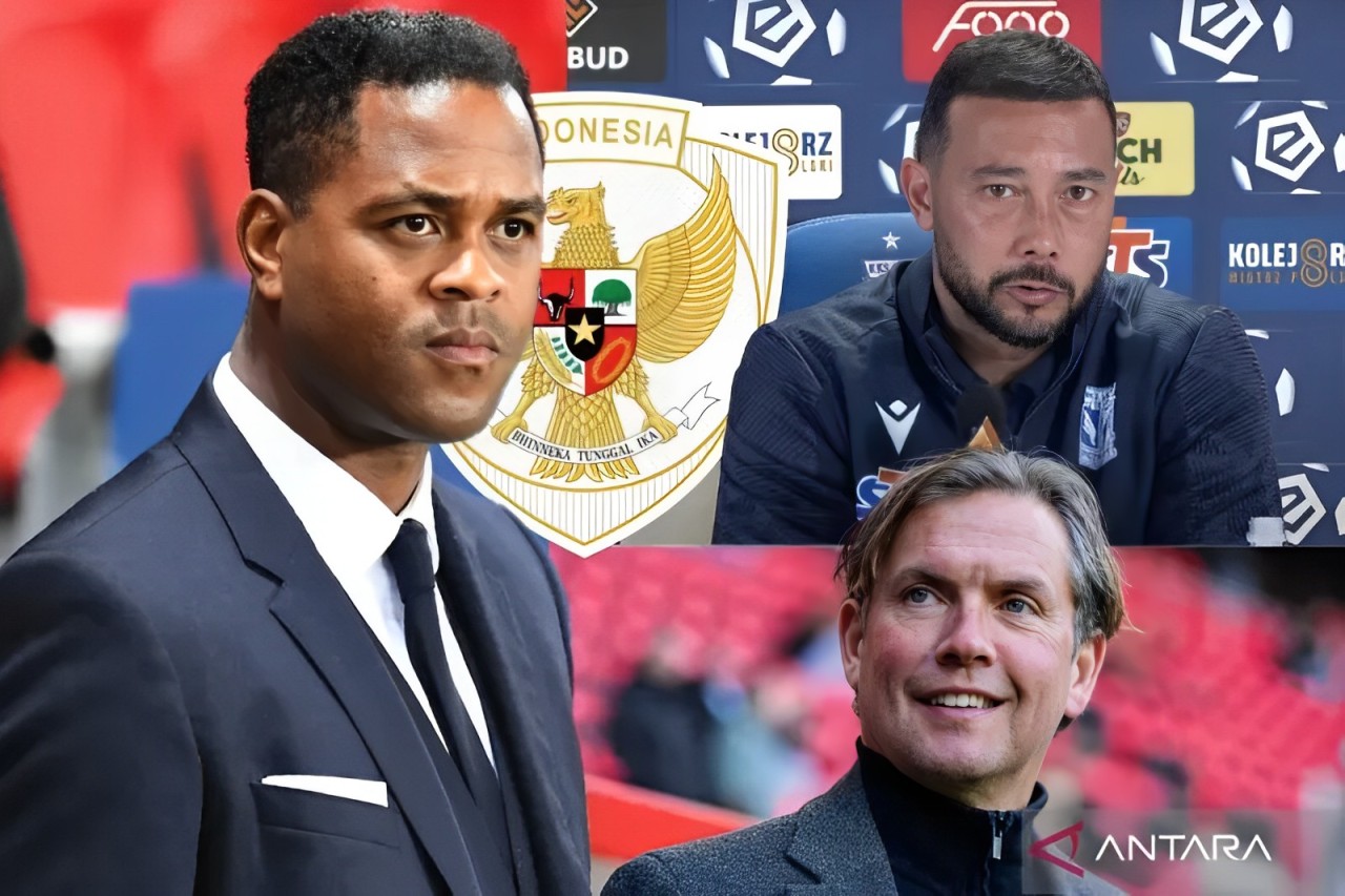 Susunan tim pelatih baru Timnas Indonesia 2025, Patrick Kluivert (kiri), Denny Landzaat (kanan atas), Alex Pastoor (kanan Bawah). (Antara) - Image