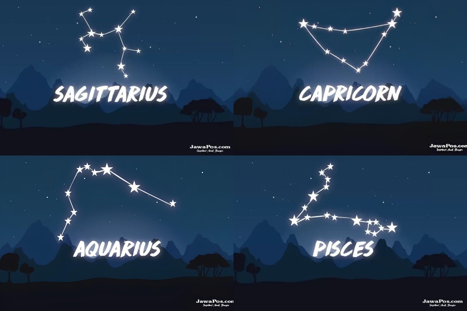 ilustrasi zodiak Sagitarius, Capricorn, Aquarius, dan Pisces. - Image