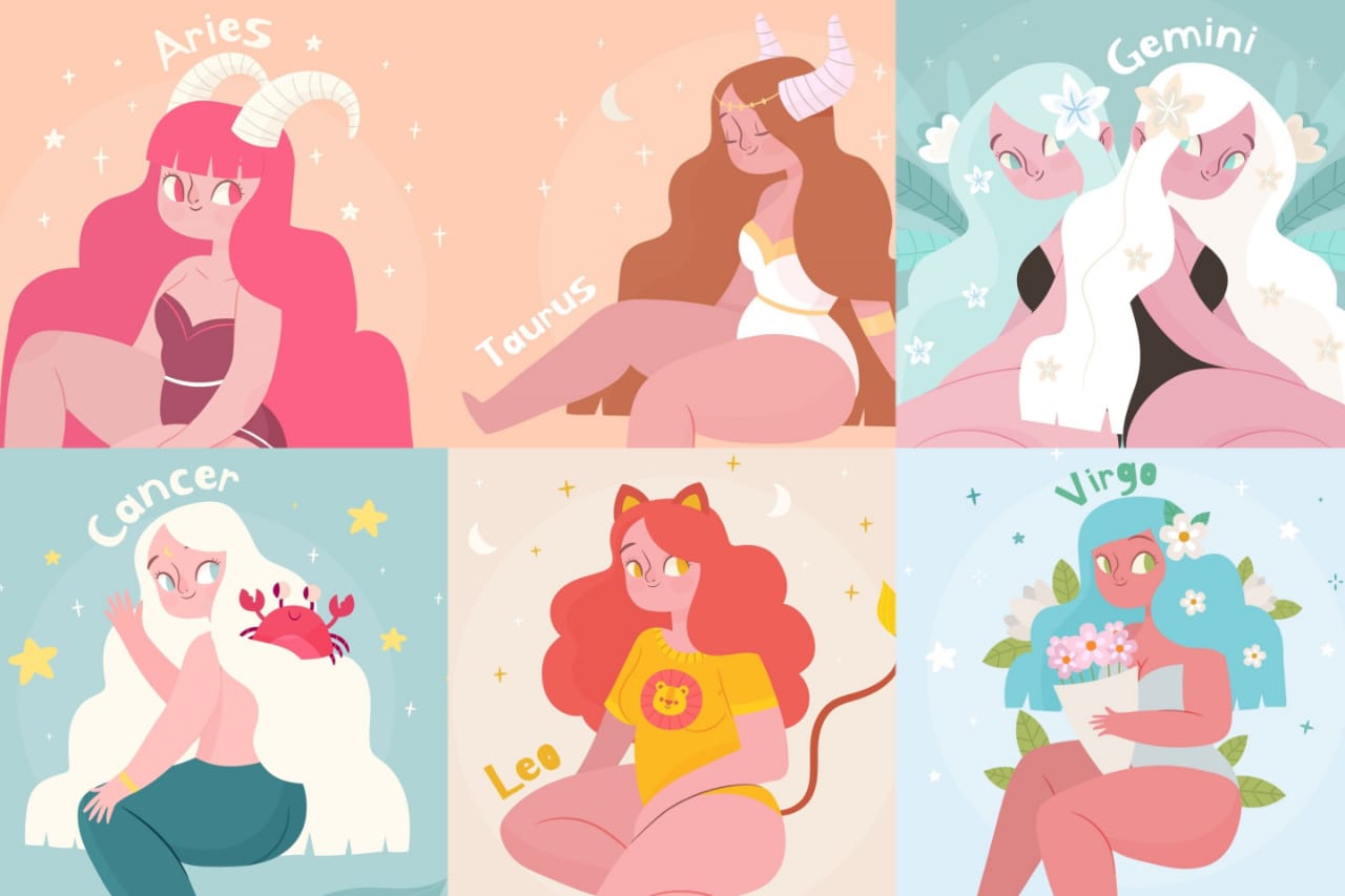 ilustrasi zodiak Aries, Taurus, Gemini, Cancer, Leo dan Virgo. - Image