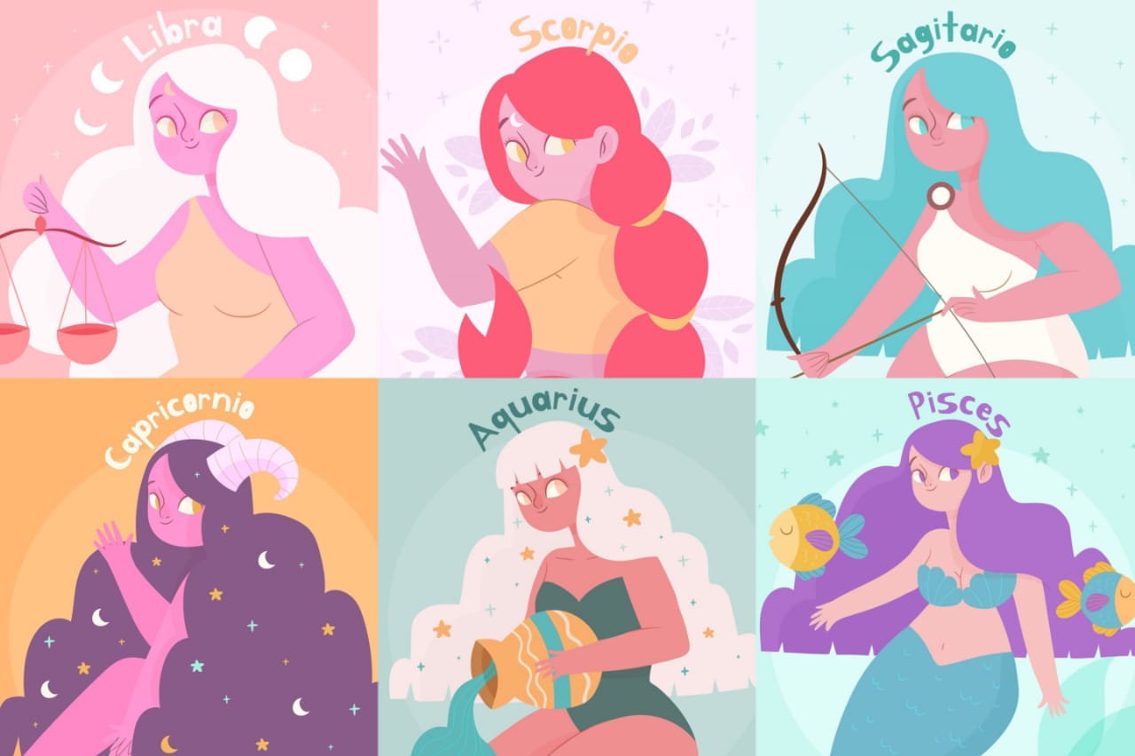 ilustrasi zodiak Libra, Scorpio, Sagitarius, Capricorn, Aquarius, dan Pisces. - Image