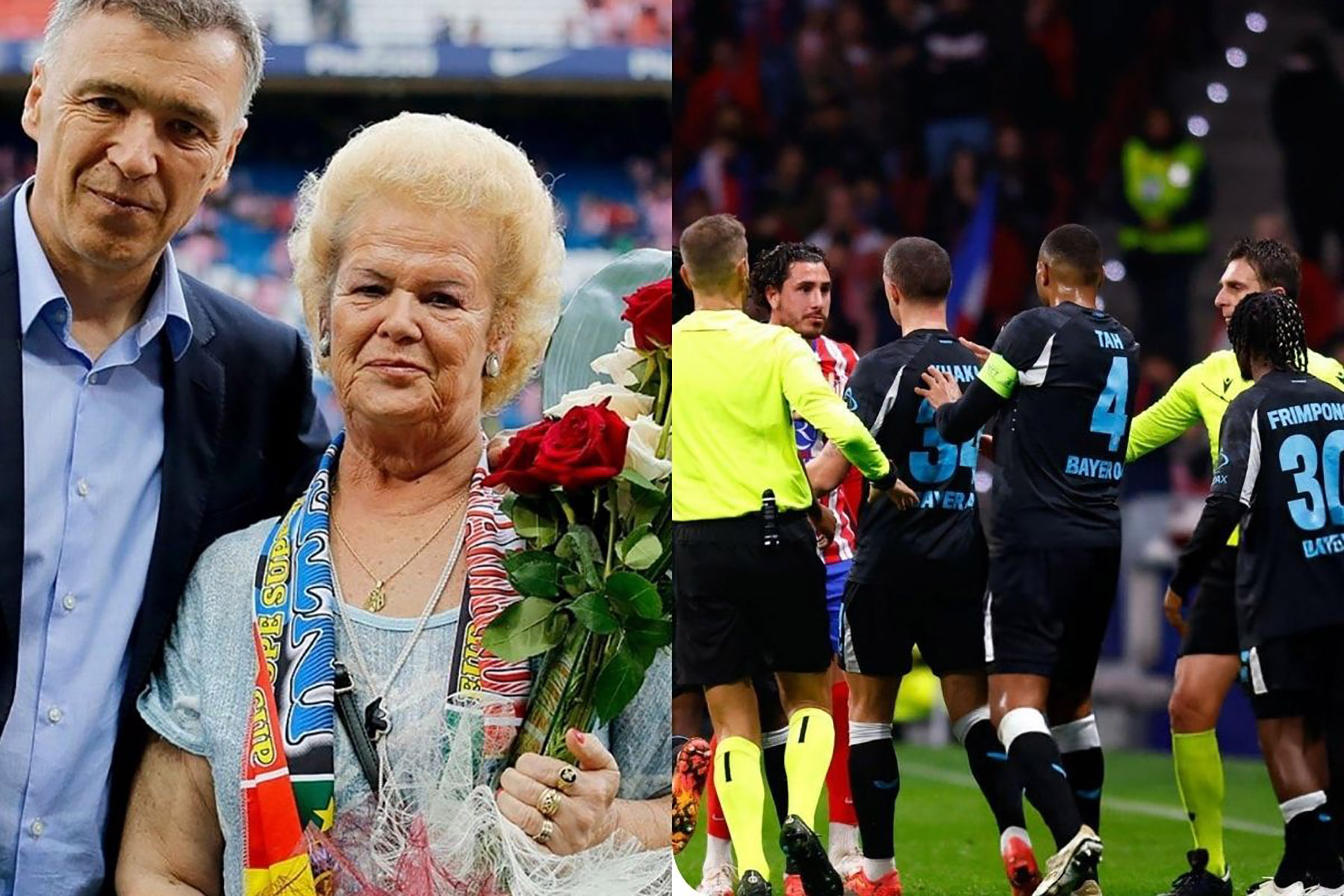  Margarita dan Milinko Pantic, membawa sebuah buket bunga yang jadi tradisi Atletico Madrid selama 30 tahun lebih. Keributan karena Frimpong menendang buket bunga Margarita hingga rusak. - Image
